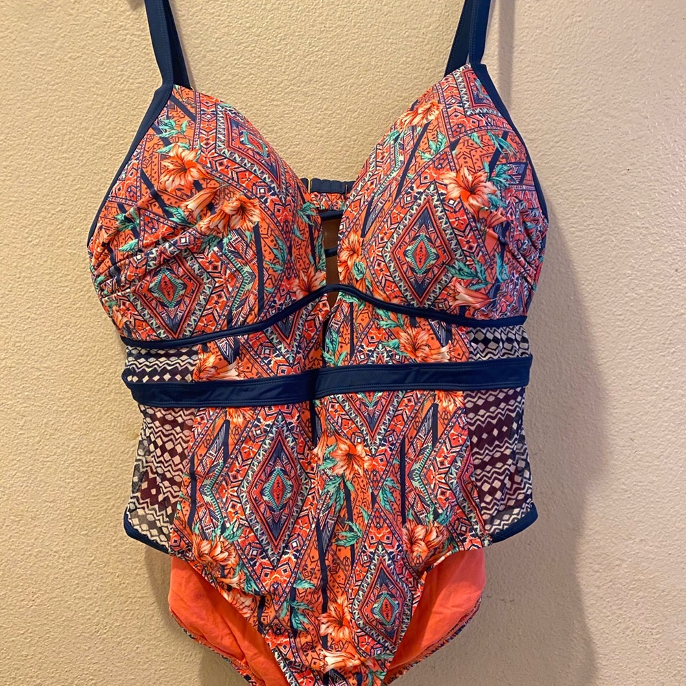 Time and Tru Orange and Blue One Piece Swimsuit with Sporty Design